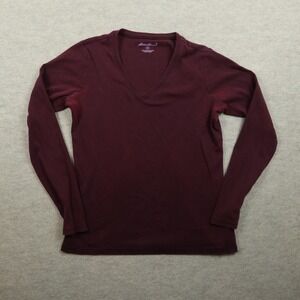 Eddie Bauer Shirt Medium V-Neck Y2K Long Sleeve Cotton Burgundy Tee